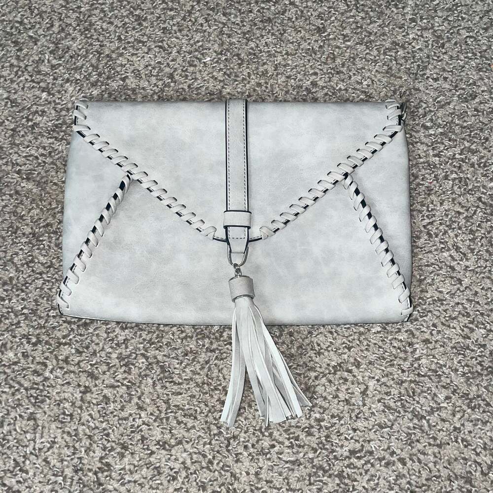 Light Gray Whipstitch Envelope Clutch with Tassel Detail